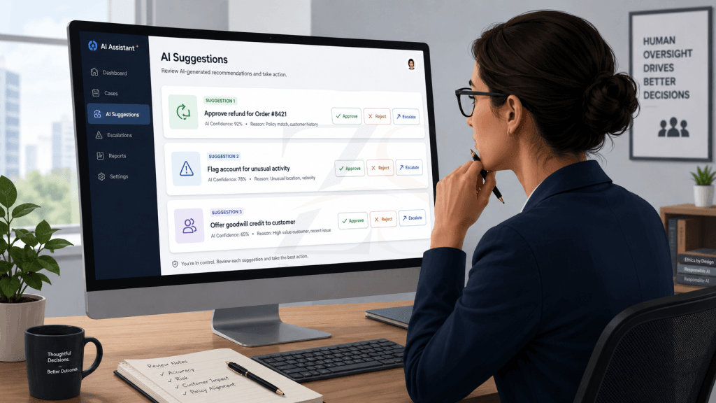 Human decision-maker reviewing AI suggestions with approve reject and escalate options