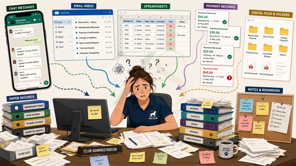 Overwhelmed dog club administrator managing club records from chat messages, email, spreadsheets, payment screenshots, folders, and paper files.