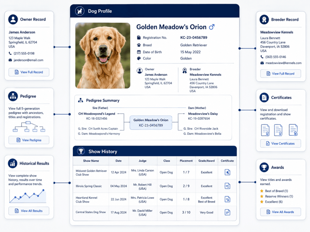 Dog profile connected to searchable show history, owner, breeder, pedigree, certificates, and awards.