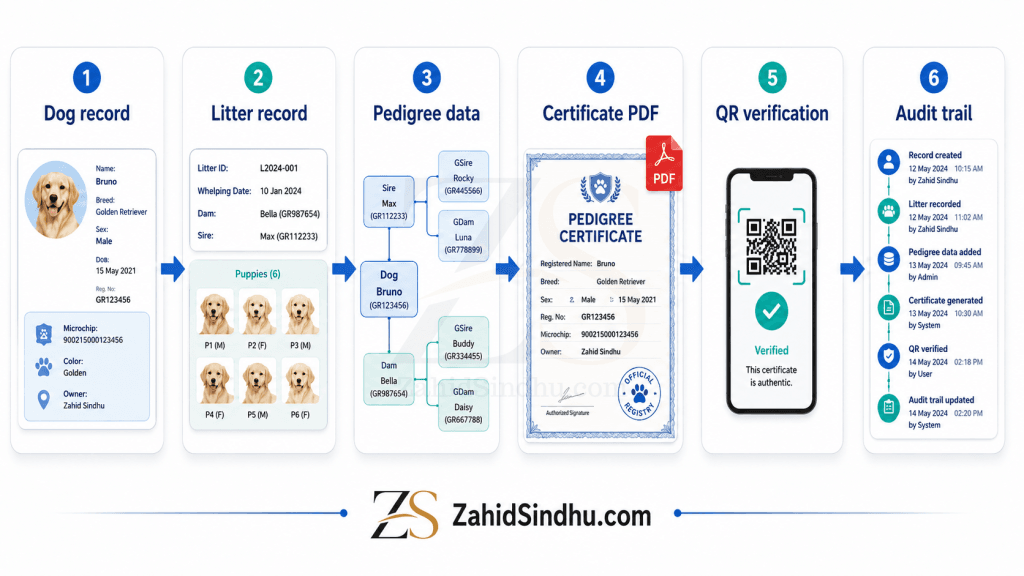 Workflow showing dog record, litter record, pedigree data, certificate PDF, QR verification, and audit trail in a connected pedigree record system