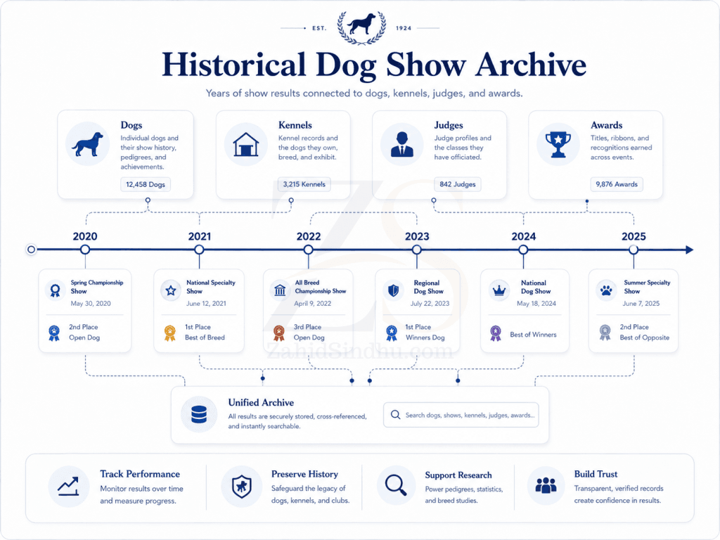 Historical dog show results timeline connected to dogs, kennels, judges, awards, and a searchable archive