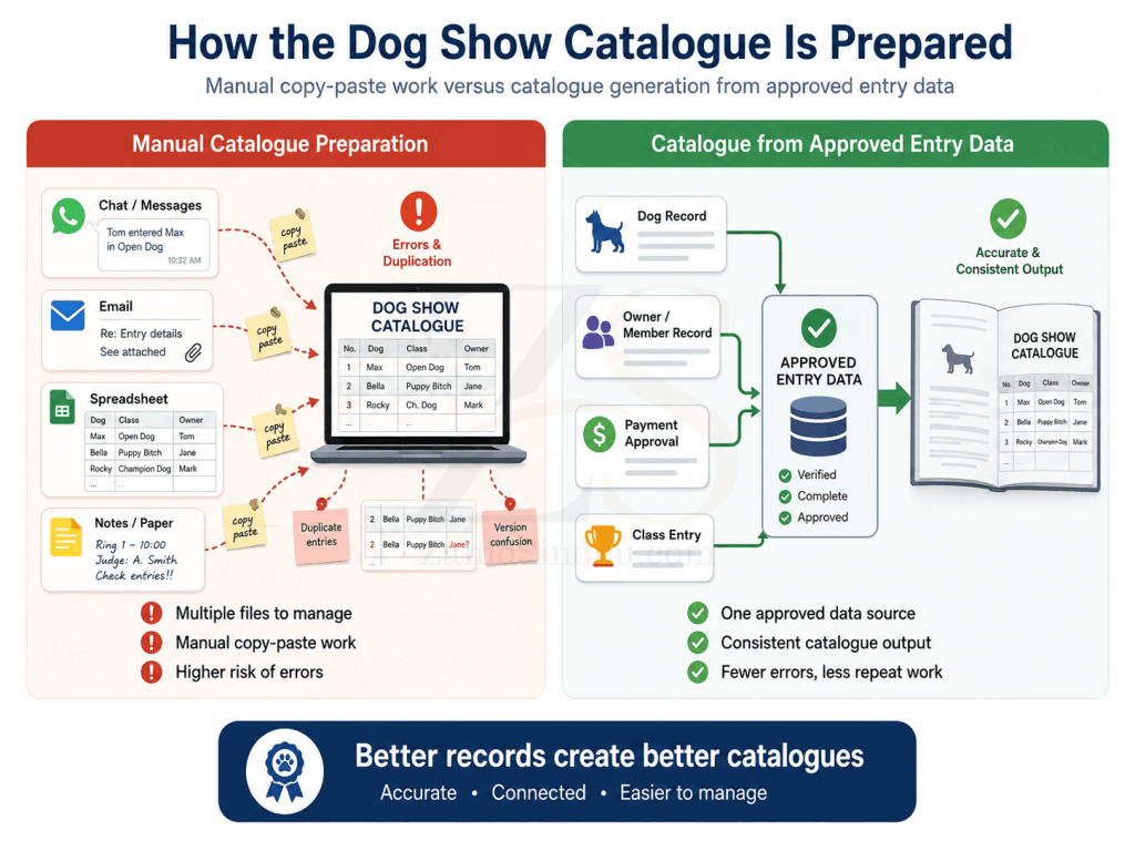 Comparison of manual Dog Show Catalogue preparation from messages and spreadsheets versus catalogue generation from approved entry data.