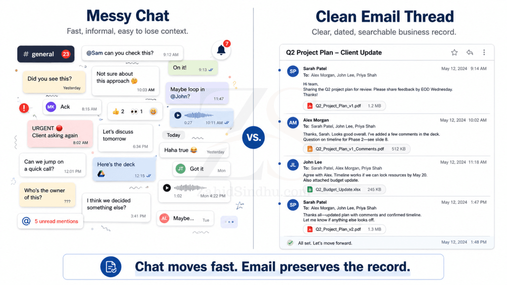 Split comparison graphic showing messy chat bubbles on one side and a clean dated email thread on the other, highlighting chat for speed and email for record-keeping.