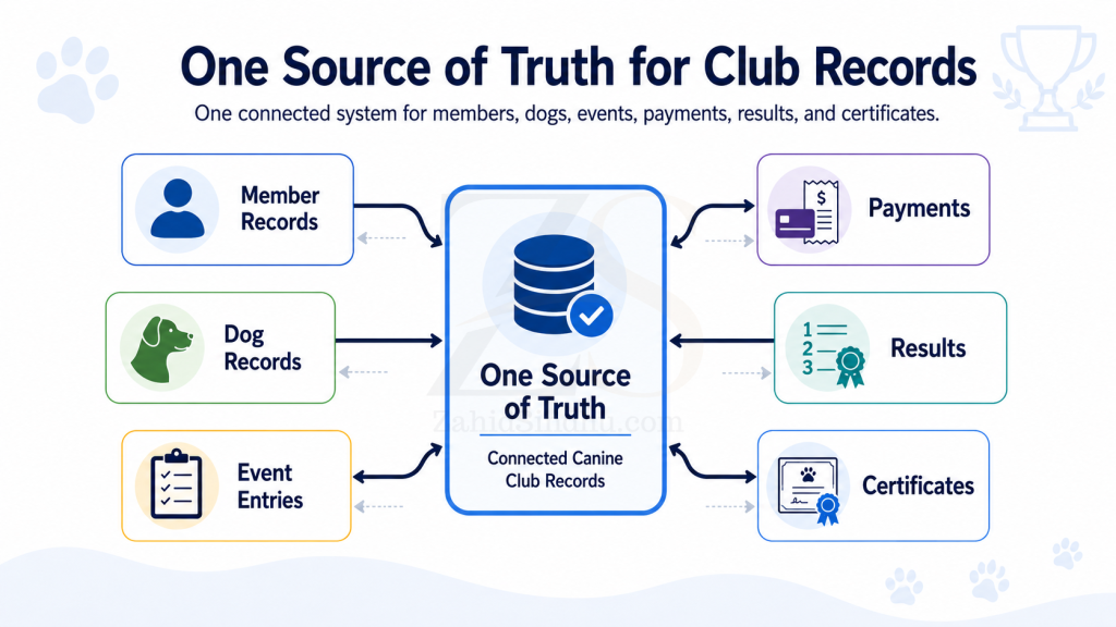 Diagram showing one connected system as the single source of truth for canine club records, linking member records, dog records, event entries, payments, results, and certificates.