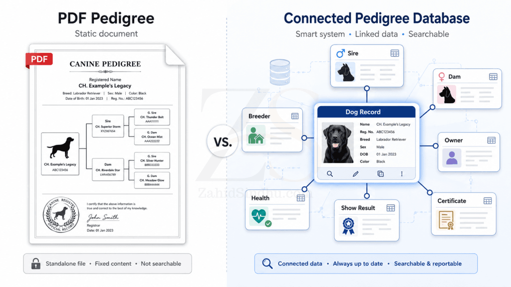 Comparison of a static PDF pedigree document with a connected pedigree database linking dog, sire, dam, breeder, owner, health, show result, and certificate records.
