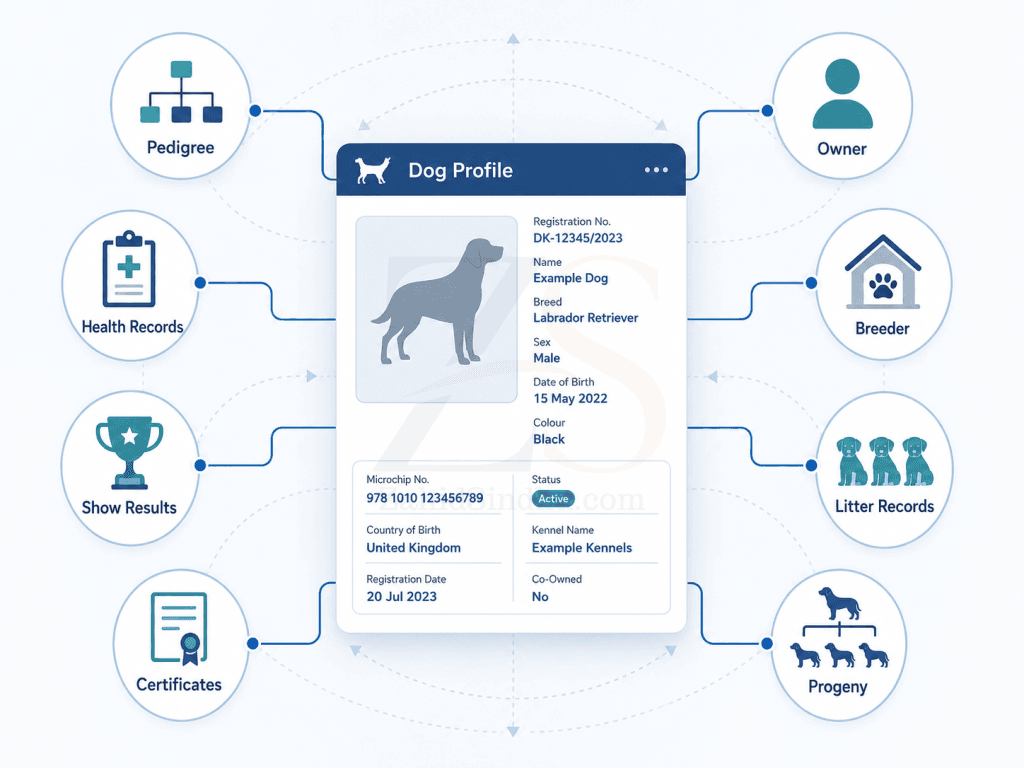A useful dog profile connected to pedigree, health records, show results, certificates, owner, breeder, litter records, and progeny.