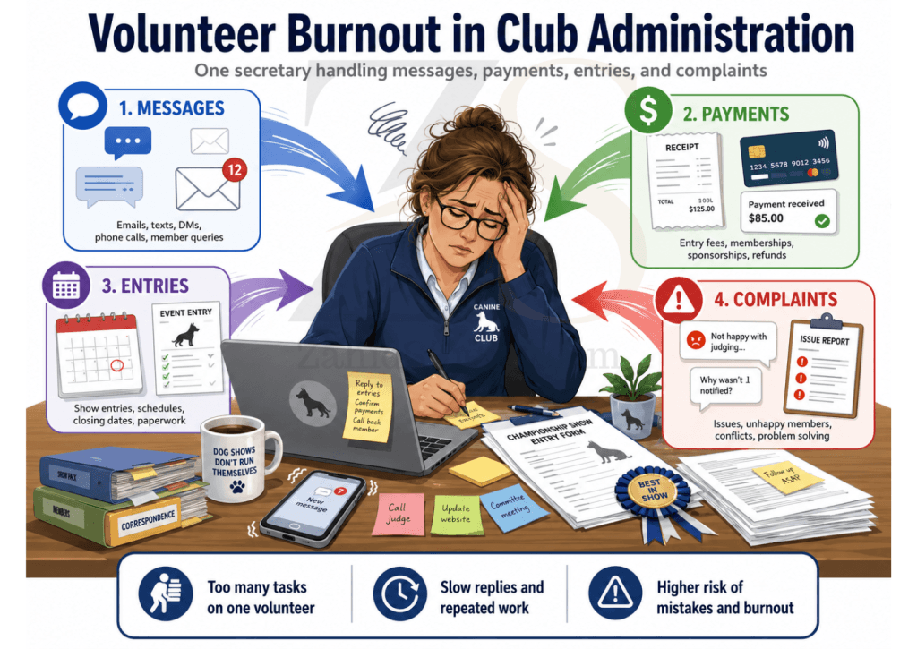 Illustration of an overwhelmed canine club secretary handling messages, payments, event entries, and complaints at the same time.