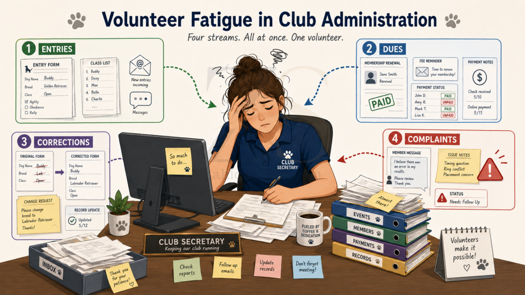 Illustration of an overwhelmed club secretary handling dog show entries, membership dues, record corrections, and member complaints at the same time.