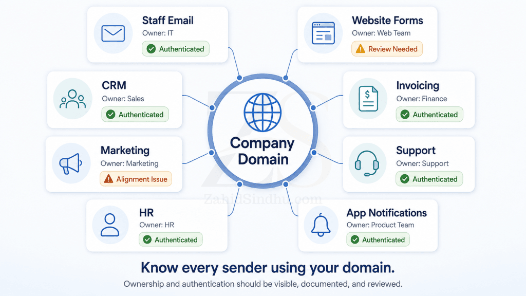 Business email sender inventory connecting a company domain to staff email, CRM, invoicing, marketing, support, HR, and website systems