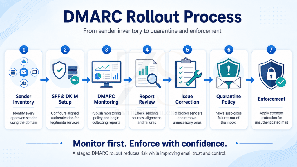 DMARC implementation process from email sender inventory and monitoring to quarantine and enforcement