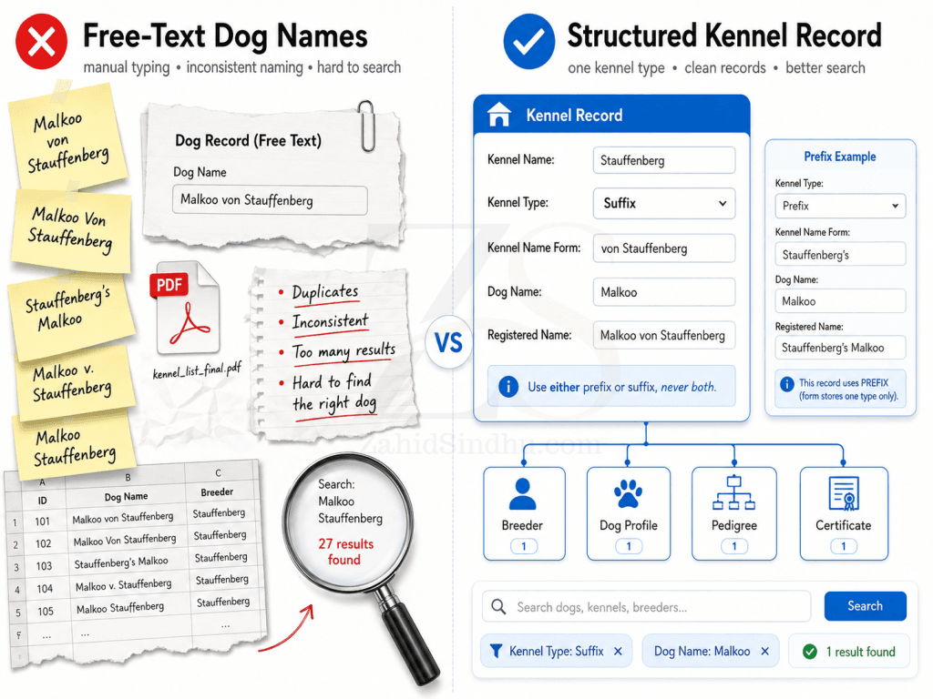 Comparison of a free-text dog name record and a structured kennel record with one prefix or suffix type