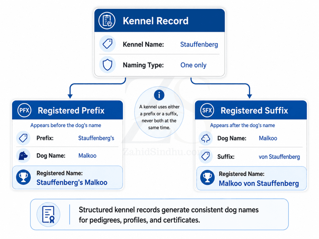 Kennel record showing one naming type, either prefix or suffix, generating the dog’s registered name