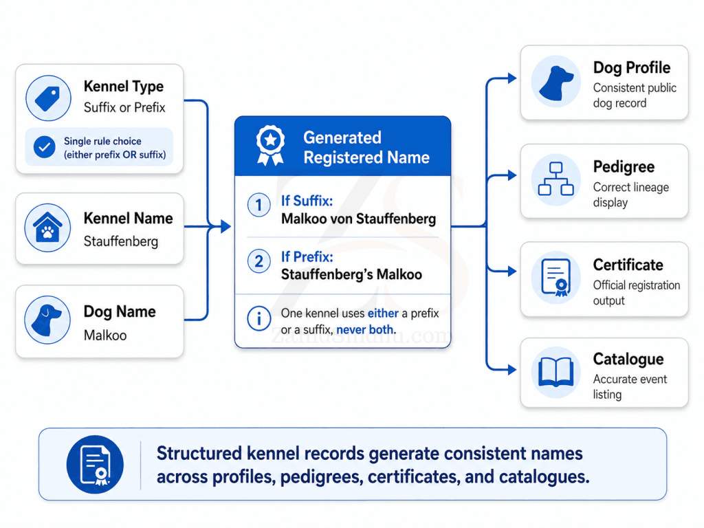 Kennel type, dog name, and kennel name generating consistent dog profiles, pedigrees, and certificates