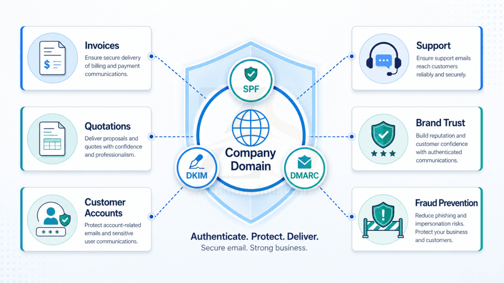 SPF, DKIM, and DMARC protecting business email delivery, invoices, customer accounts, brand trust, and fraud prevention